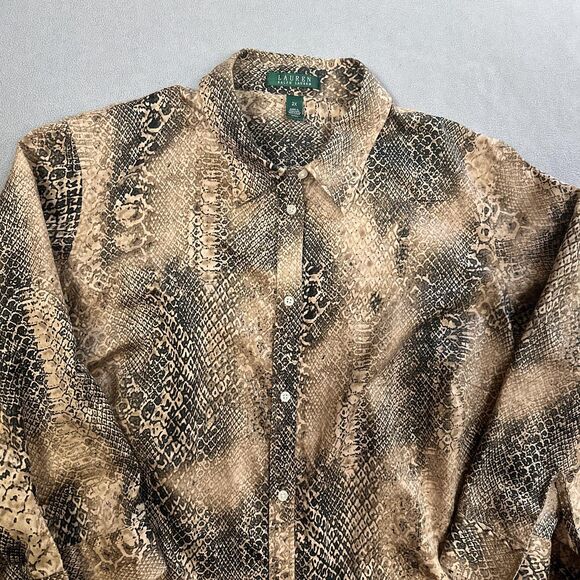 Lauren Ralph Lauren Shirt Womens 2X Brown Black Snake Print Button Up Cotton Top - Picture 8 of 10